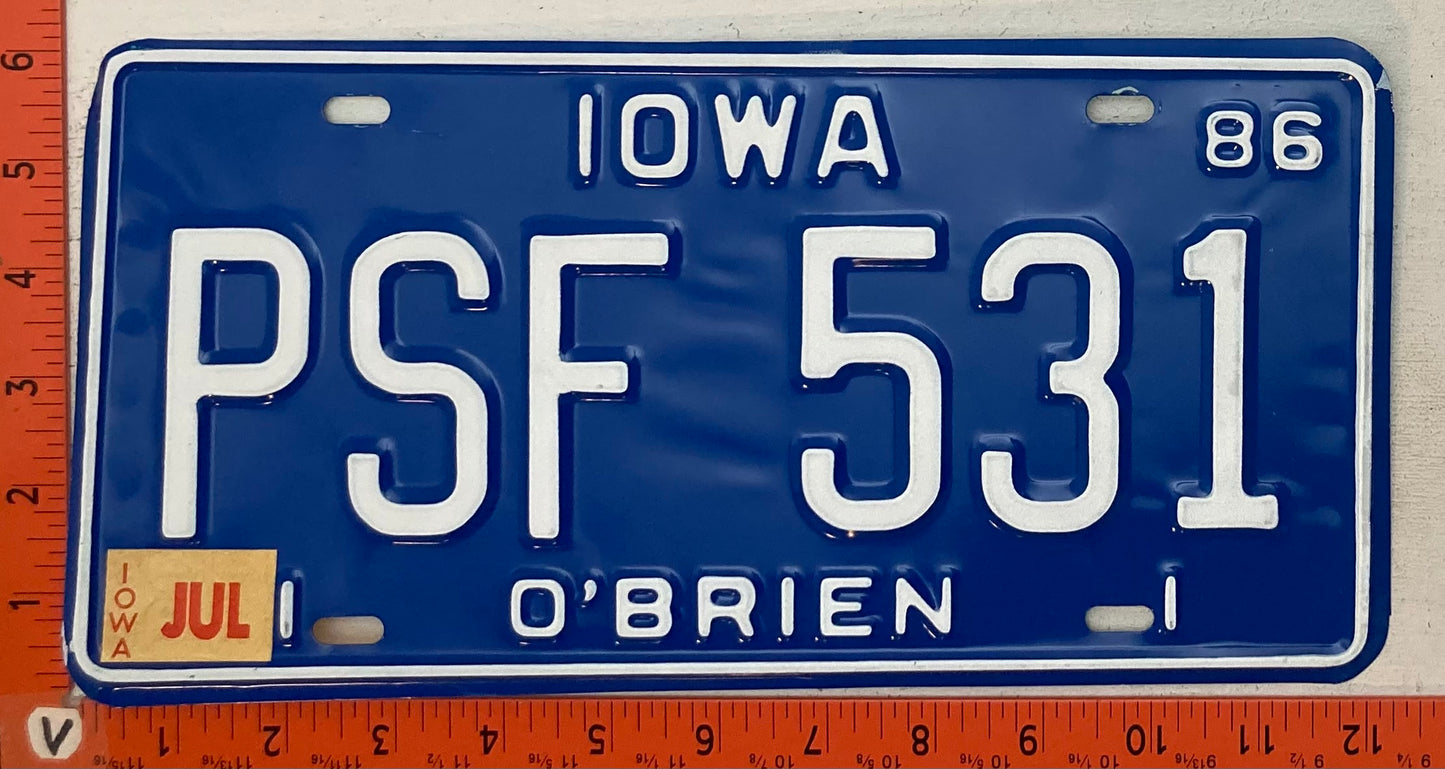 1986 Iowa #PSF 531 Passenger License Plate