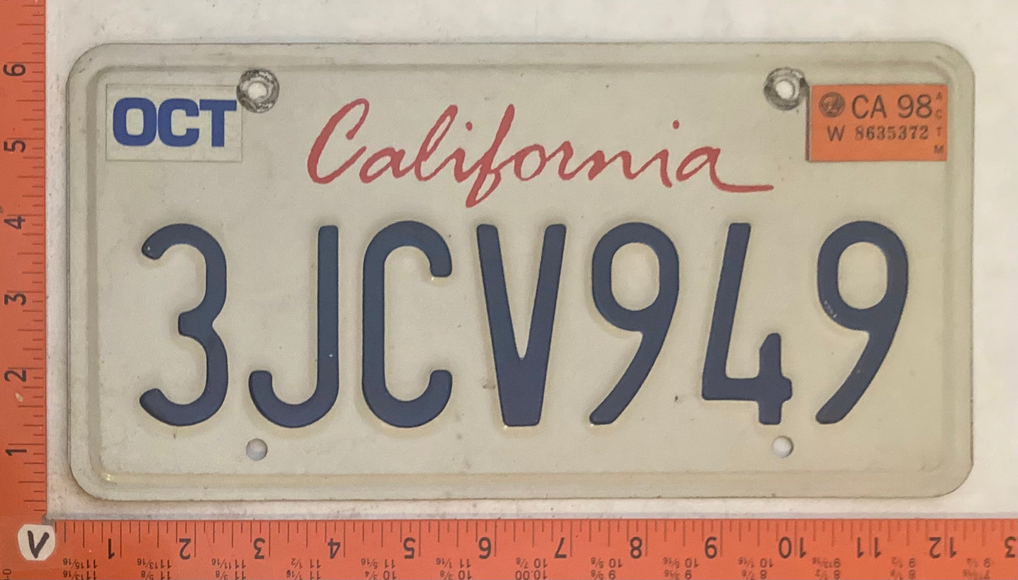1998 California #3JCV949 Passenger License Plate