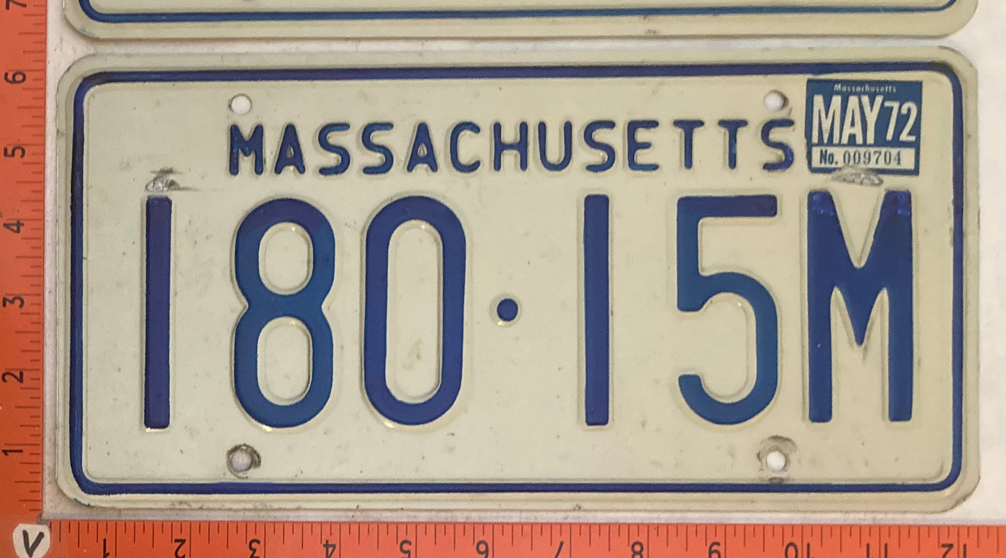 1972 Massachuetts #180-15M Passenger License Plate (Pair)