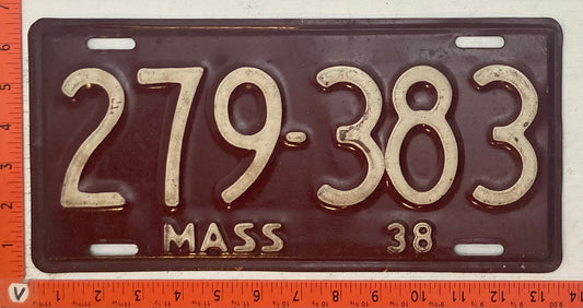1938 Massachusetts #279 383 Passenger License Plate