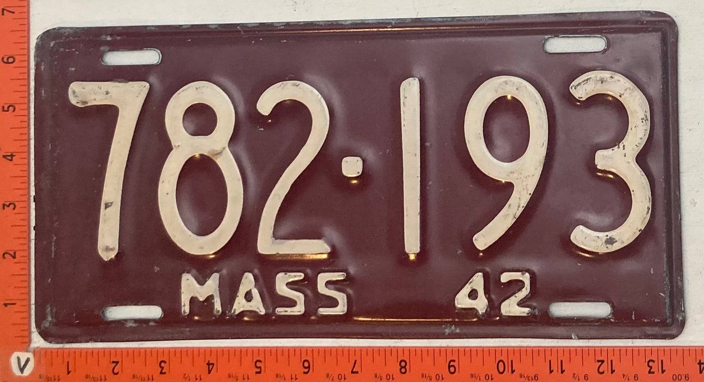 1942 Massachusetts #782 193 Passenger License Plate