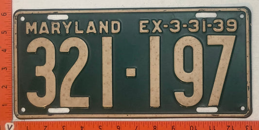 1939 Maryland #321-197 Passenger License Plate
