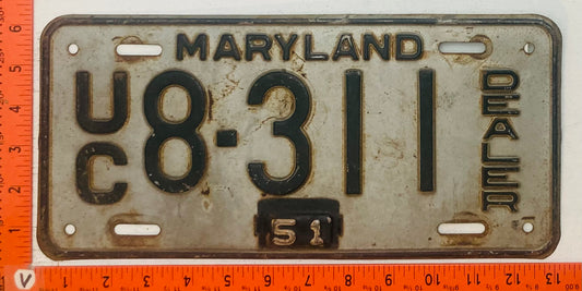 1951 Maryland #U/C 8-311 Used Car Dealer License Plate