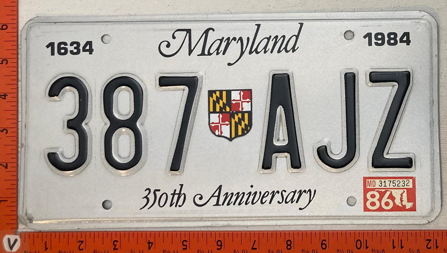 1986 Maryland #387 AJZ Passenger License Plate