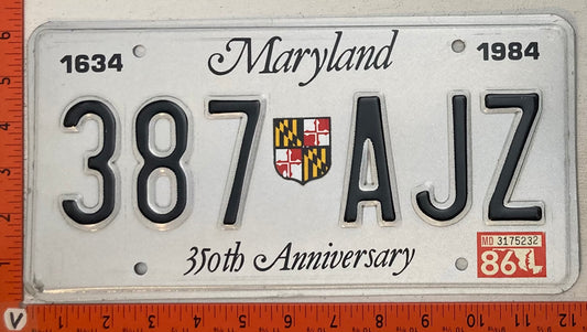 1986 Maryland #387 AJZ Passenger License Plate