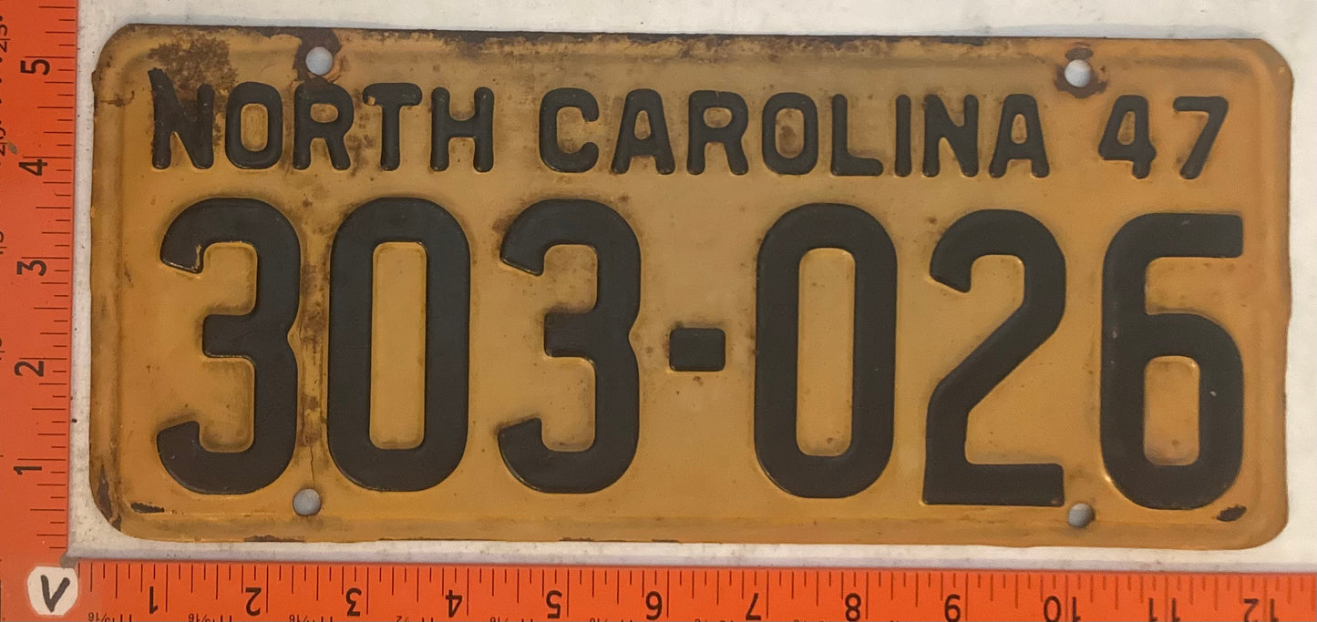 1947 North Carolina #303-026 Passenger License Plate