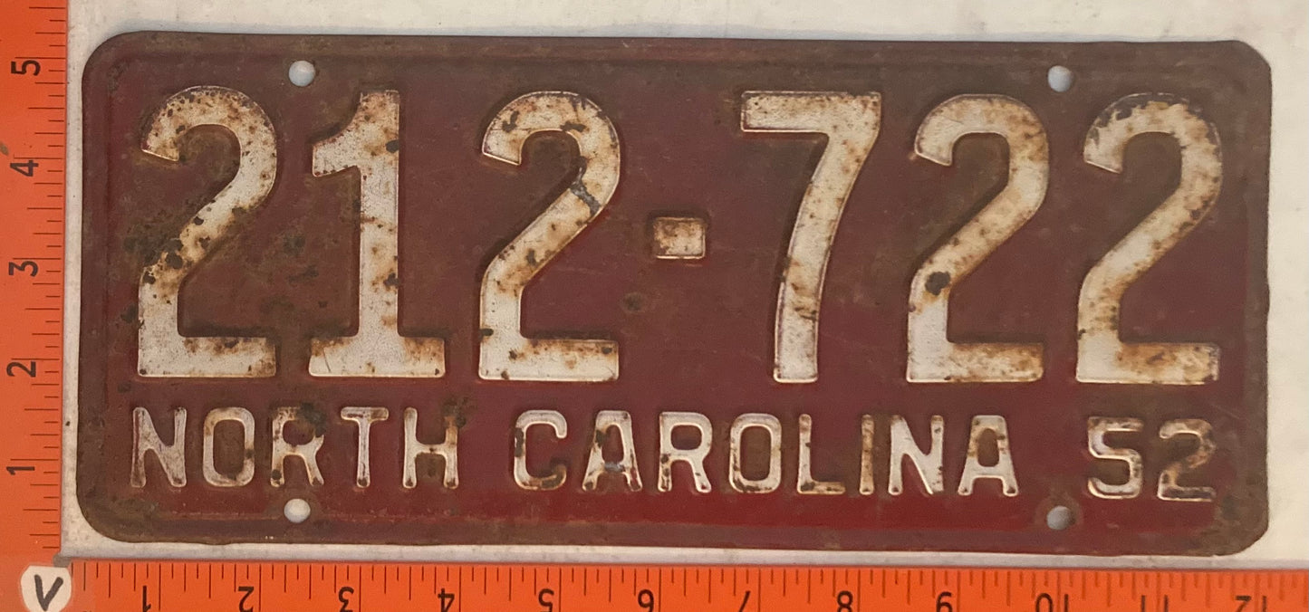 1952 North Carolina #212-722 Passenger License Plate