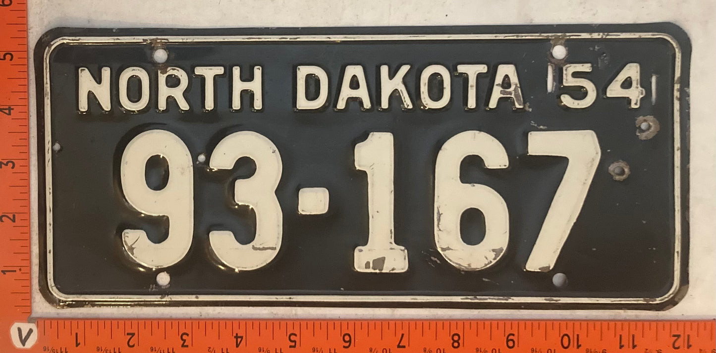 1954 North Dakota #93-167 Passenger License Plate