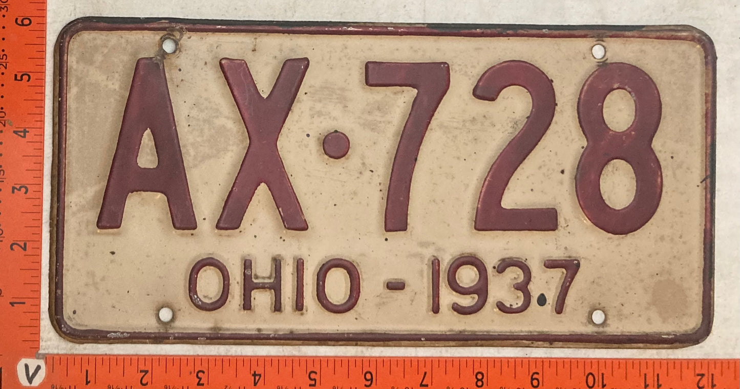 1937 Ohio #AX-728 Passenger License Plate