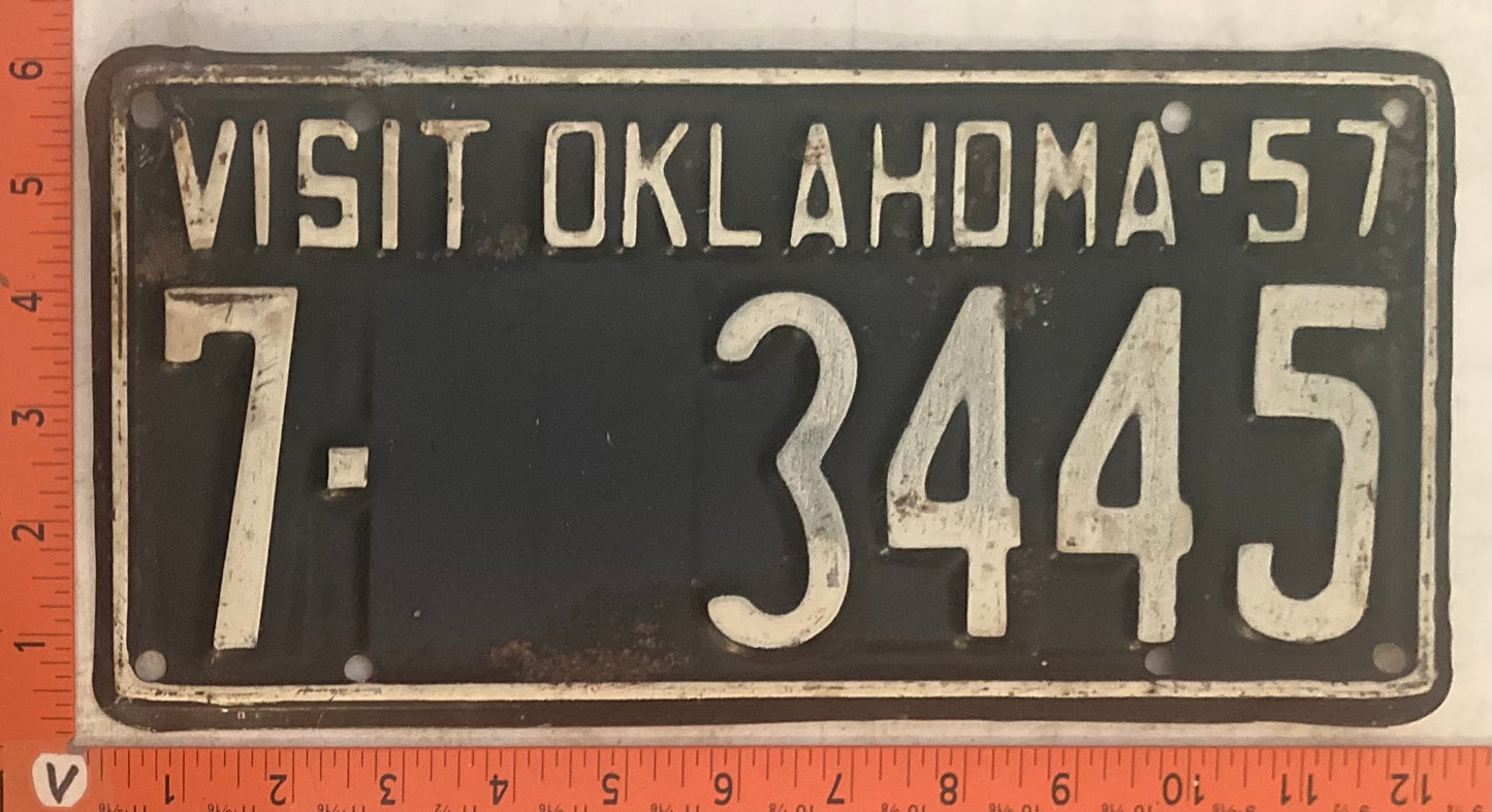 1957 Oklahoma #7-3445 Passenger License Plate