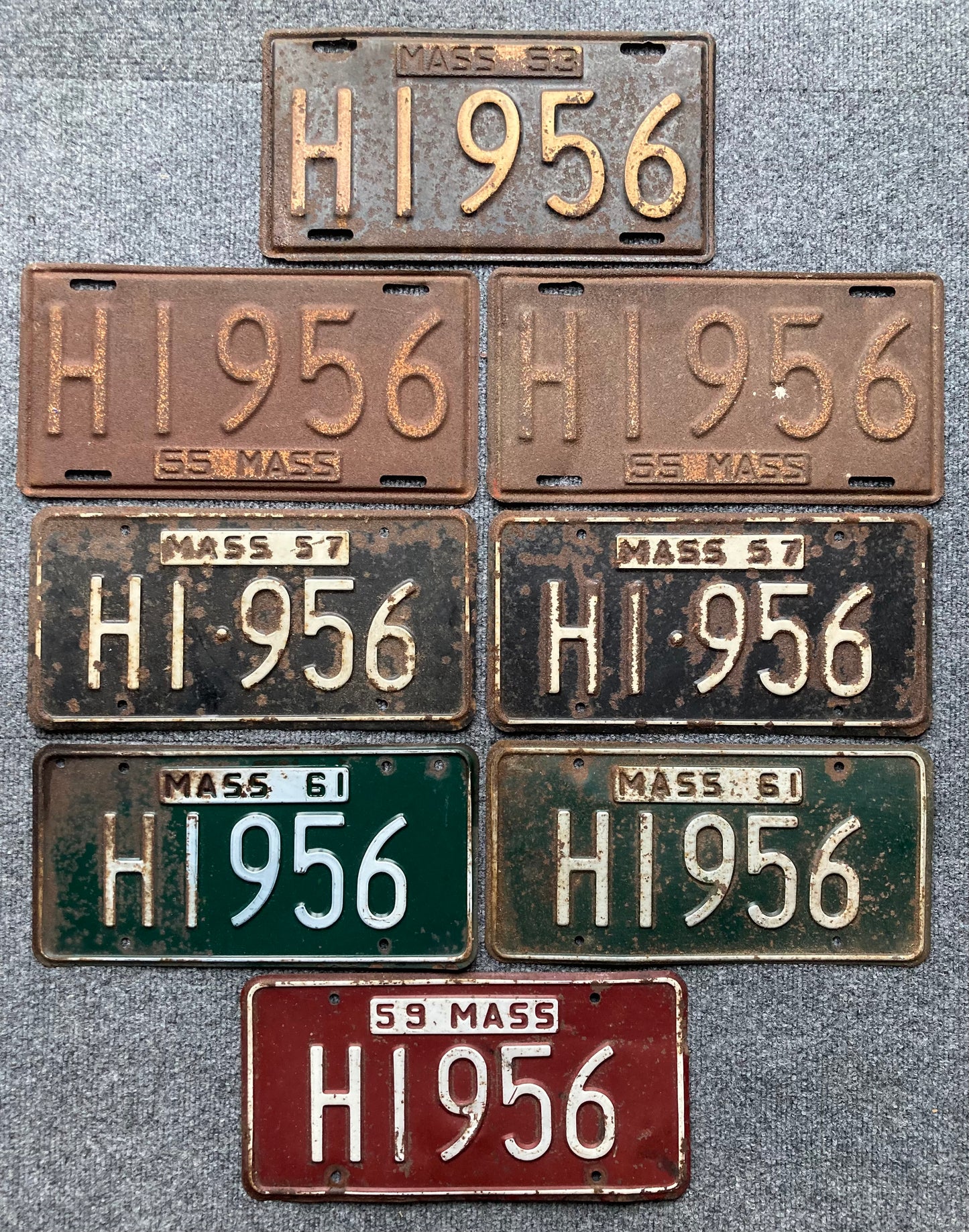 1953, 1955, 1957, 1959, 1961 Massachusetts #H 1956 Passenger License Plates (SOLD AS SET)