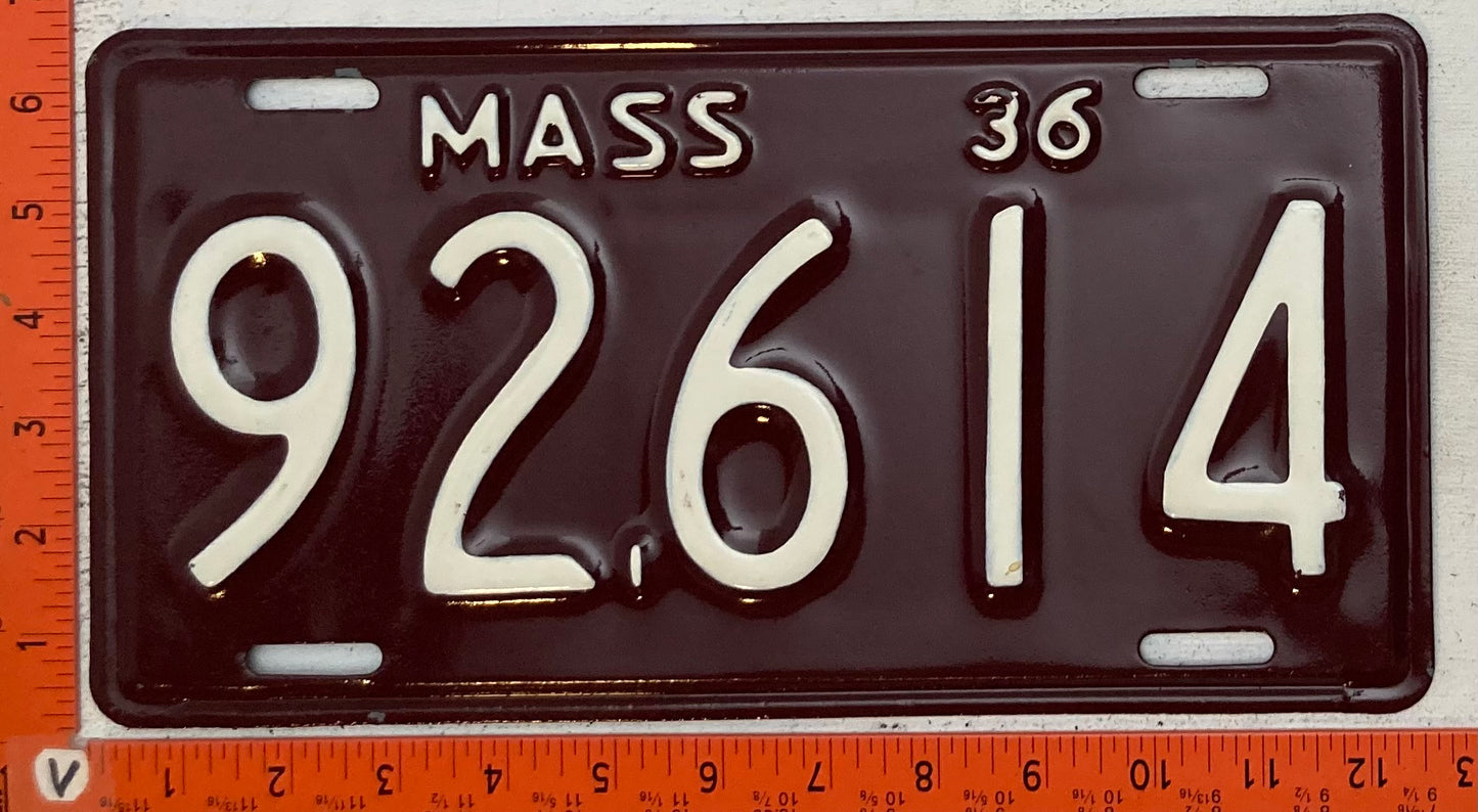1936 Massachusetts #92614 Passenger License Plate