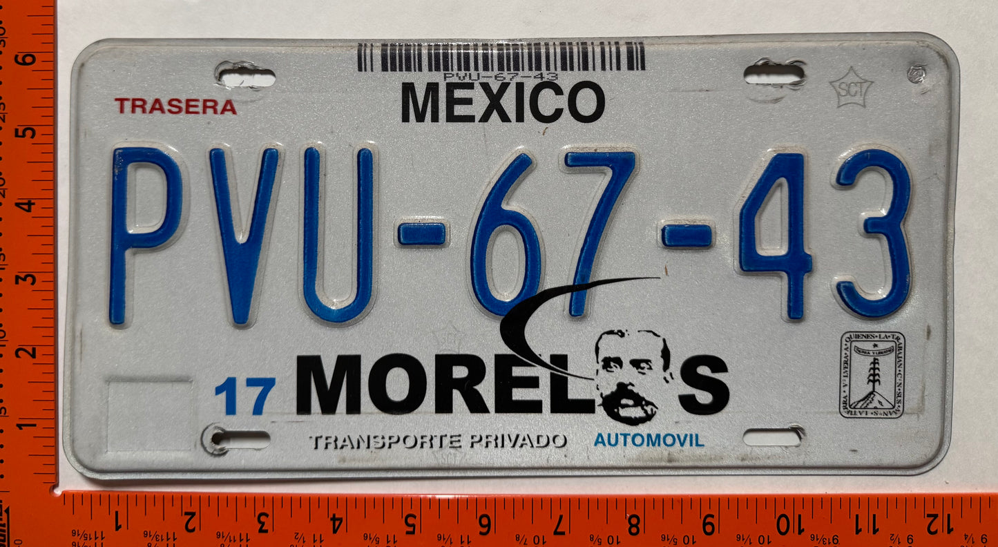 2001-2004 Morelos, Mexico #PVU-67-43 Passenger License Plate