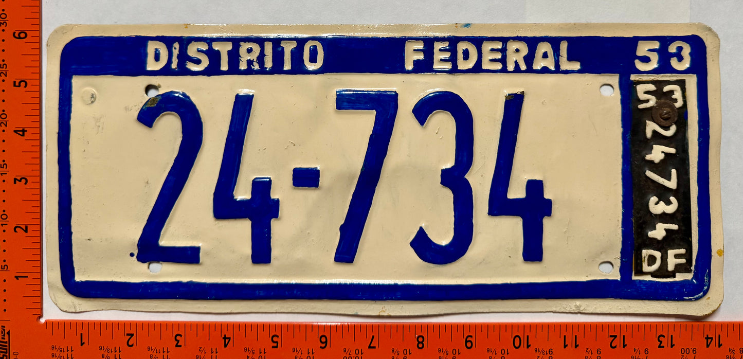 1953 Distrito Federal, Mexico #24-734 Passenger License Plate (repaint)