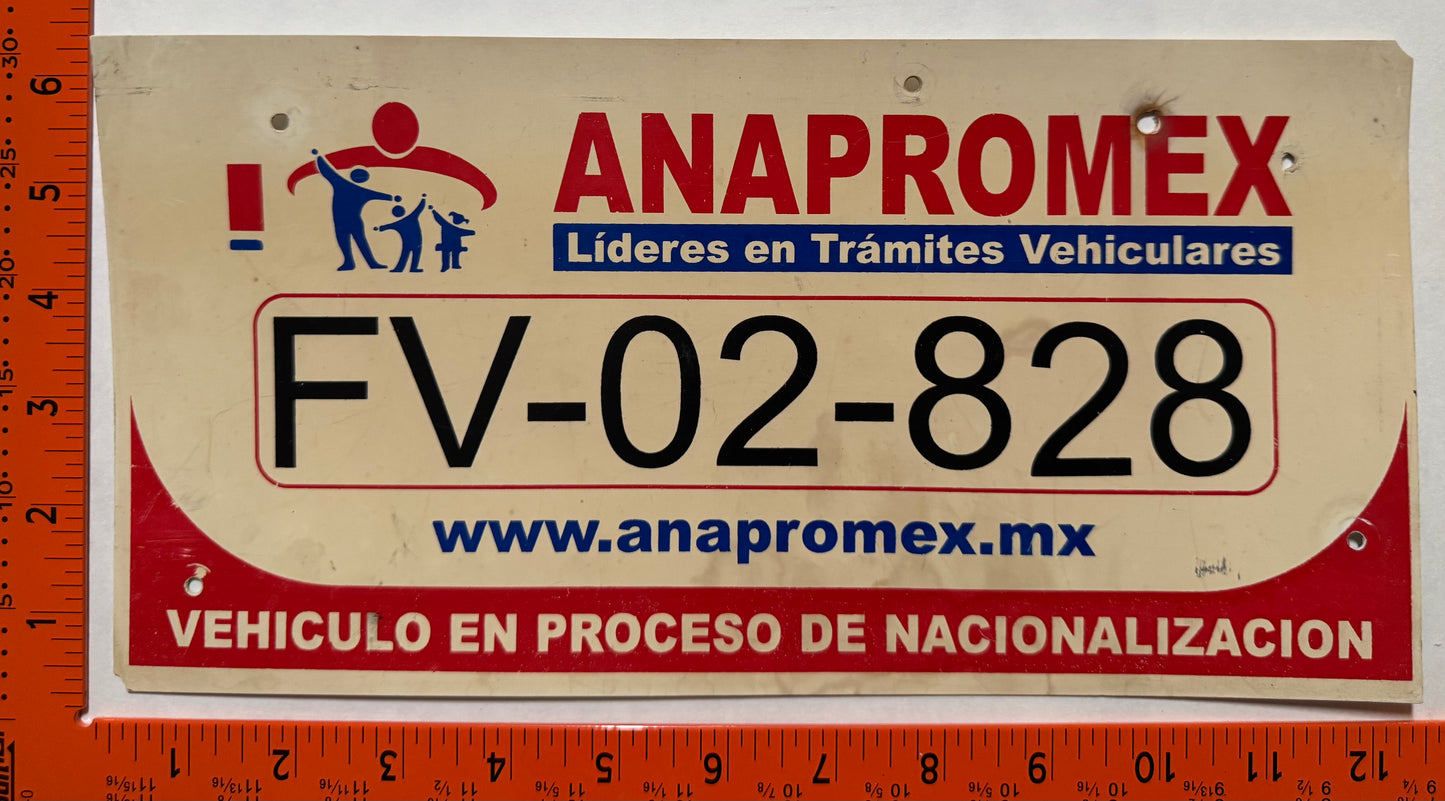 undated Mexico #FV-02-828 Temporary License Plate