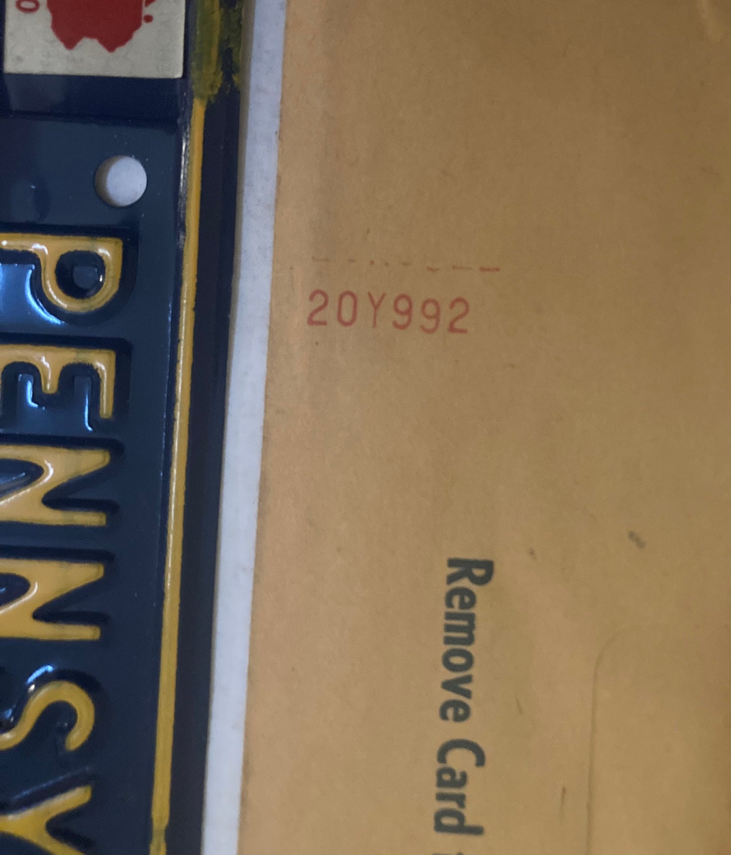 1975 Pennsylvania #20Y 992 Passenger License Plate (w/Envelope)