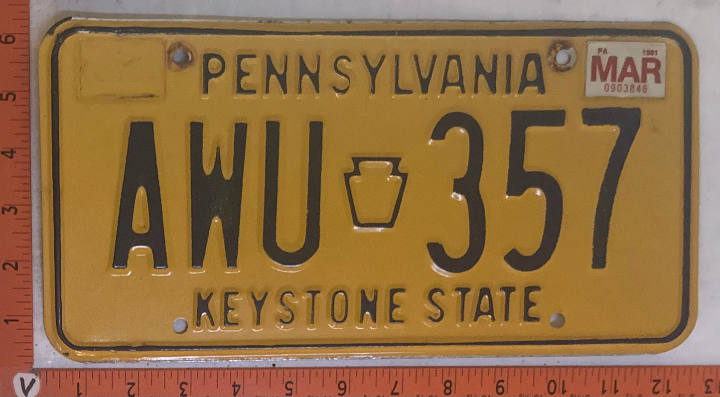 1981 Pennsylvania #AWU 357 Passenger License Plate
