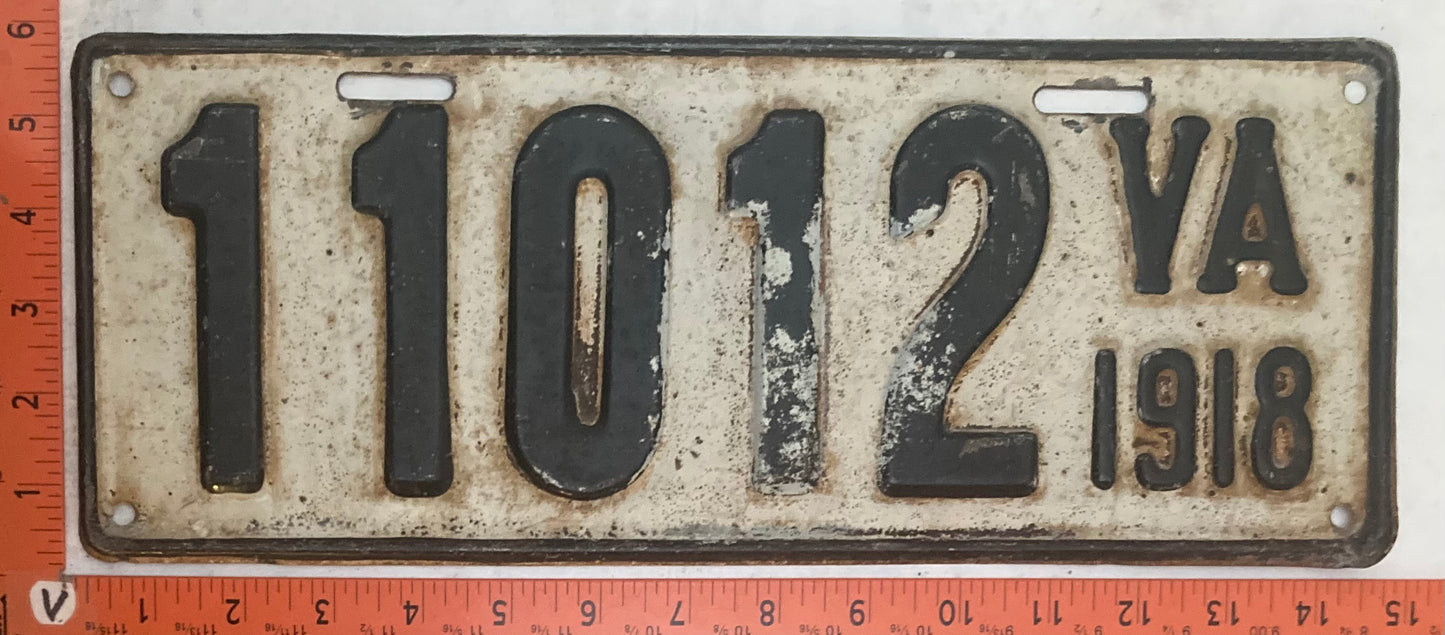 1918 Virginia #11012 Passenger License Plate