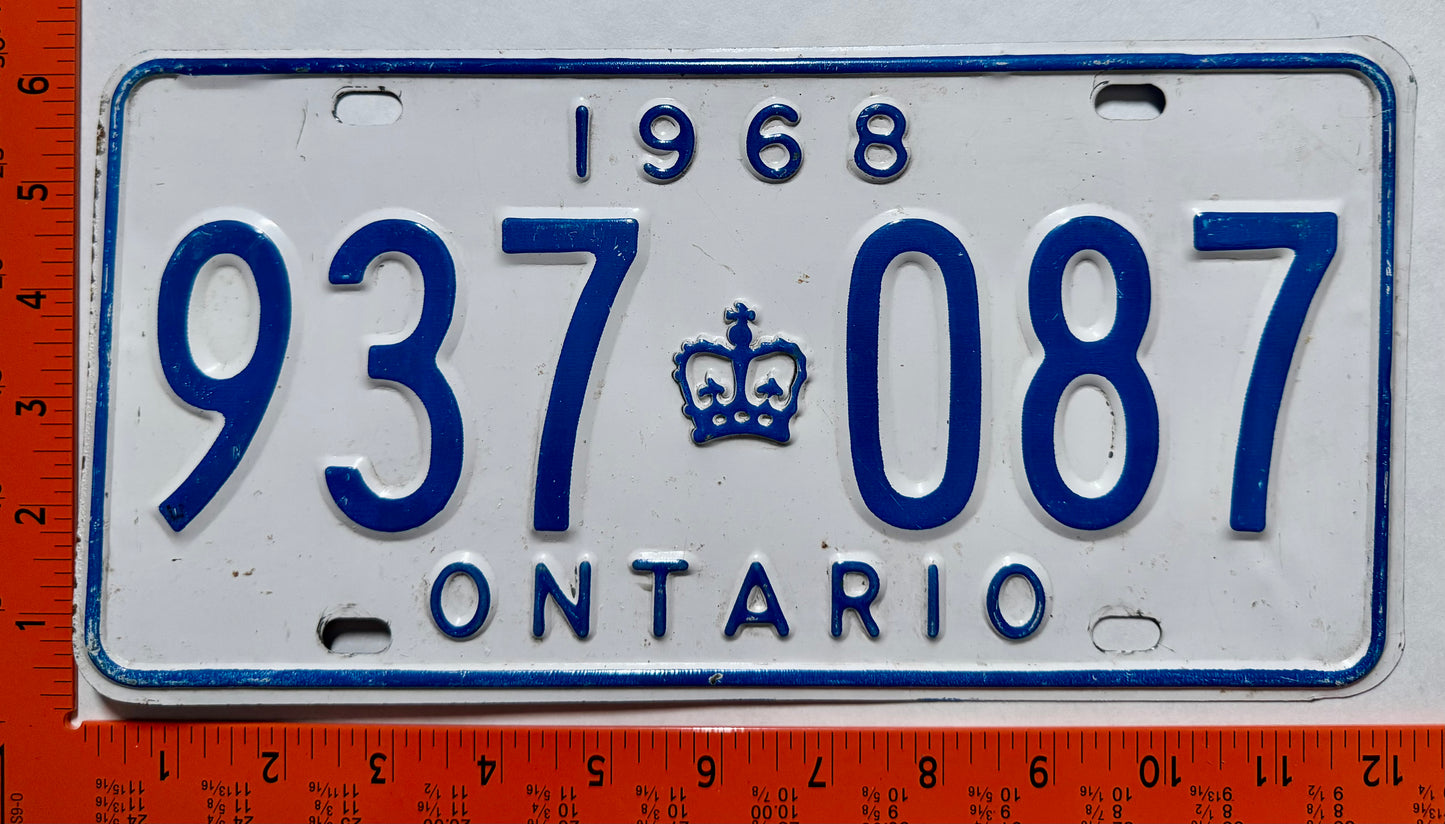 1968 Ontario #937 087 Passenger License Plate