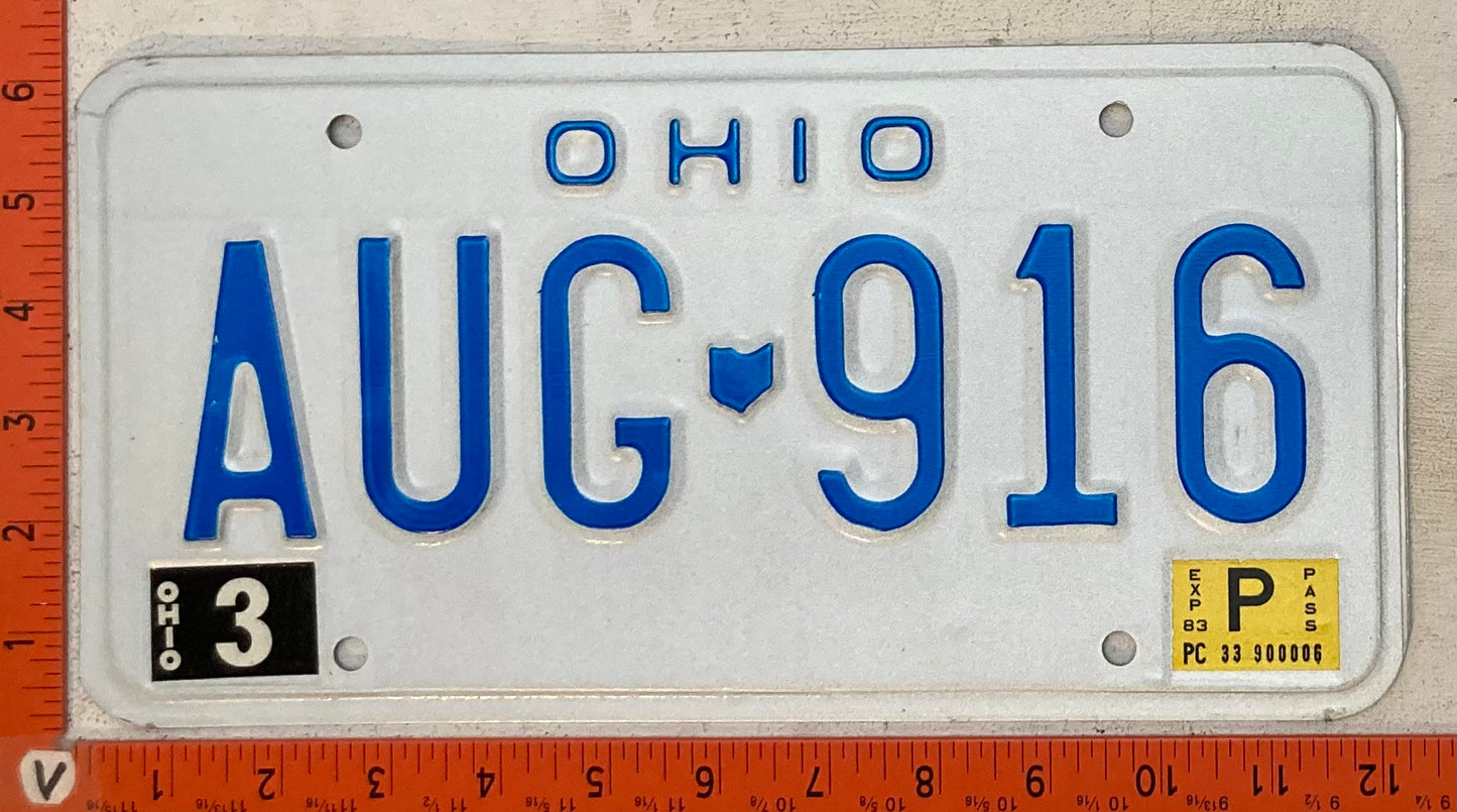 1983 Ohio #AUG-916 Passenger License Plate