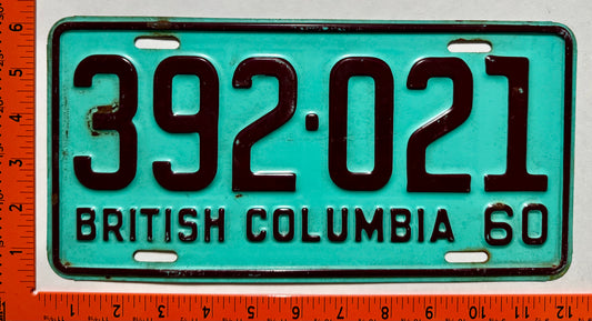 1960 British Columbia #392-021 Passenger License Plate