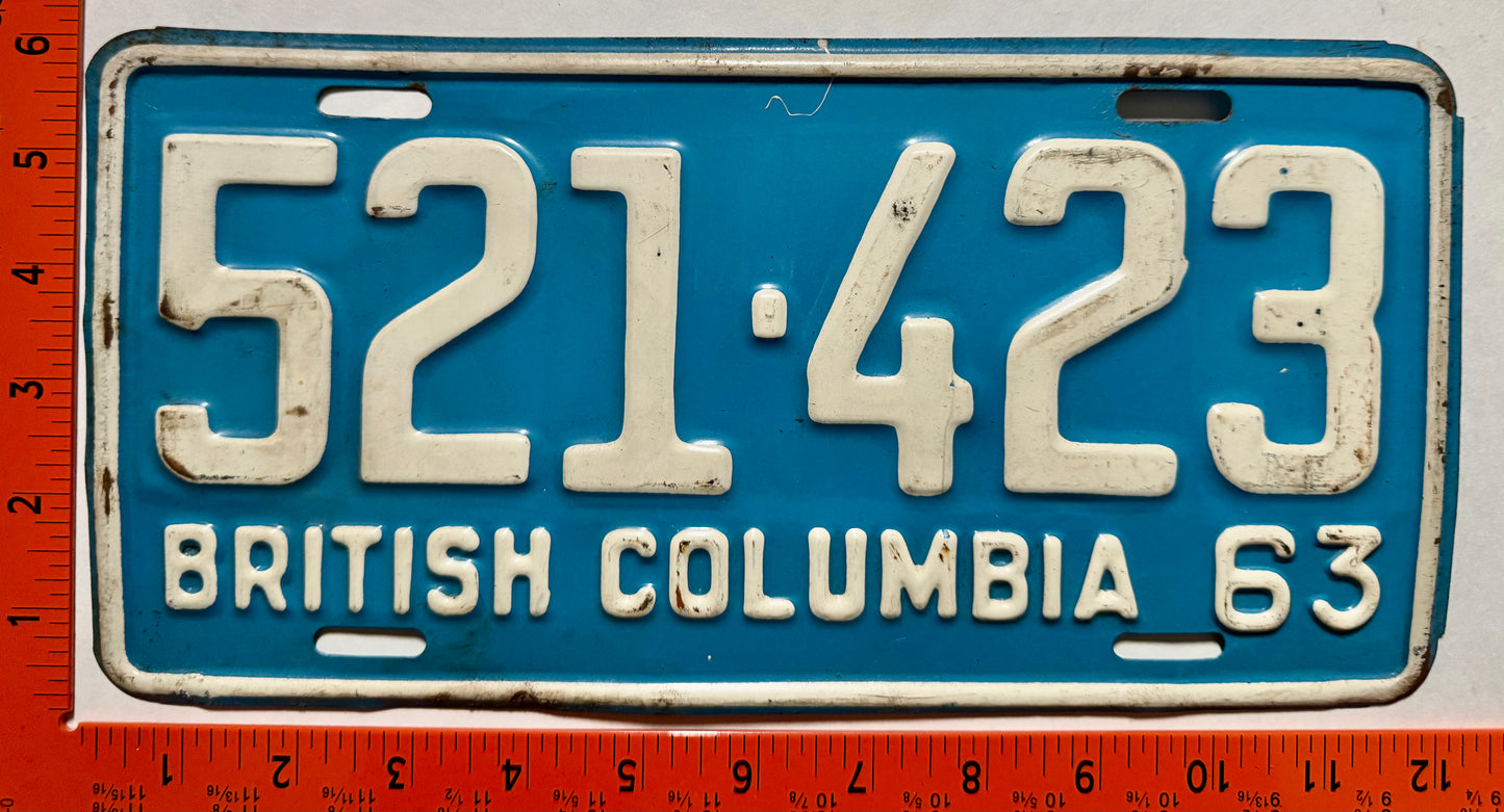 1963 British Columbia #521-423 Passenger License Plate