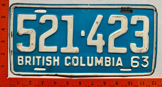1963 British Columbia #521-423 Passenger License Plate