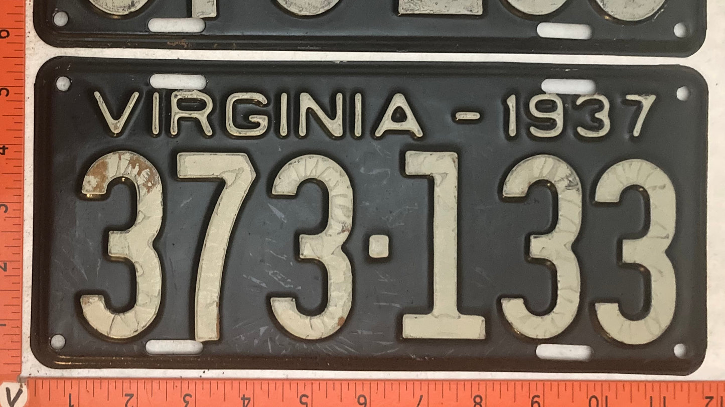 1937 Virginia #373-133 Passenger License Plate (Pair)