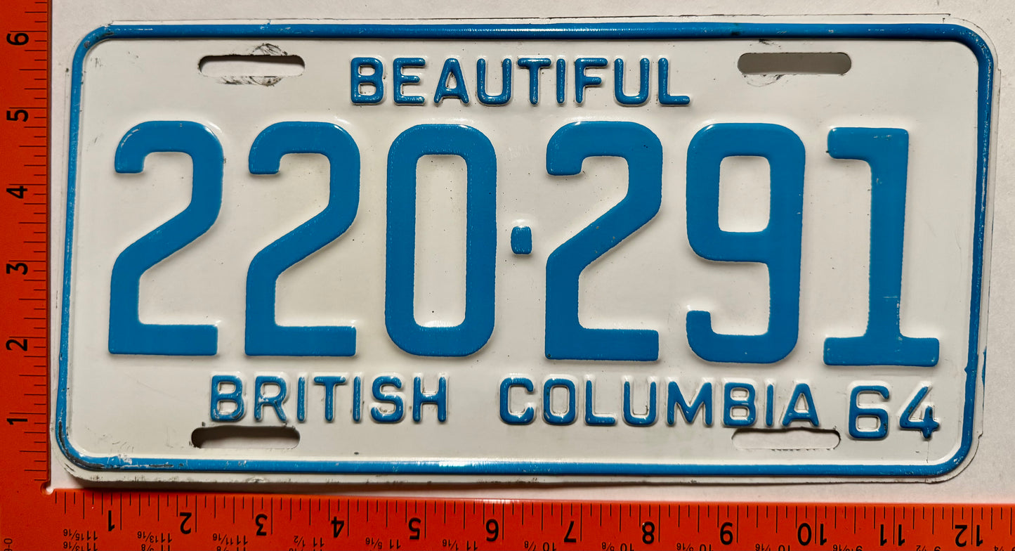 1964 British Columbia #220-291 Passenger License Plate