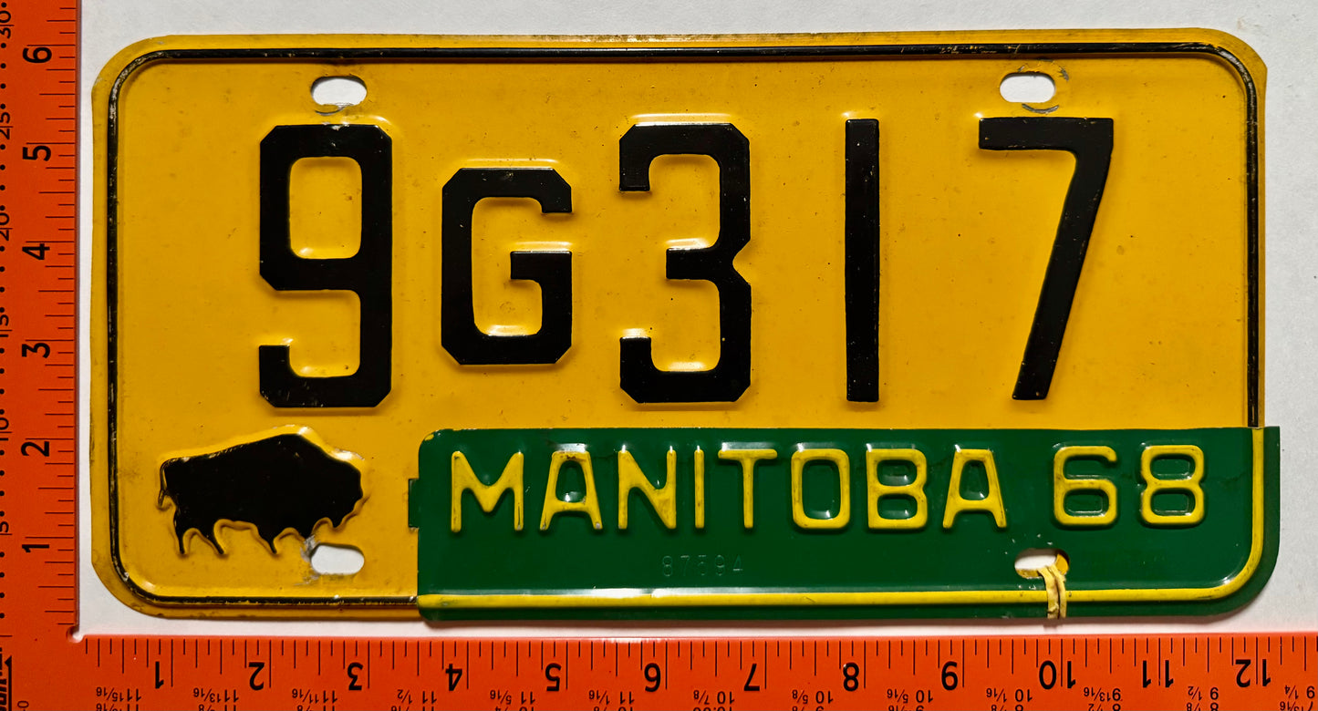 1968 Manitoba #9G317 Passenger License Plate