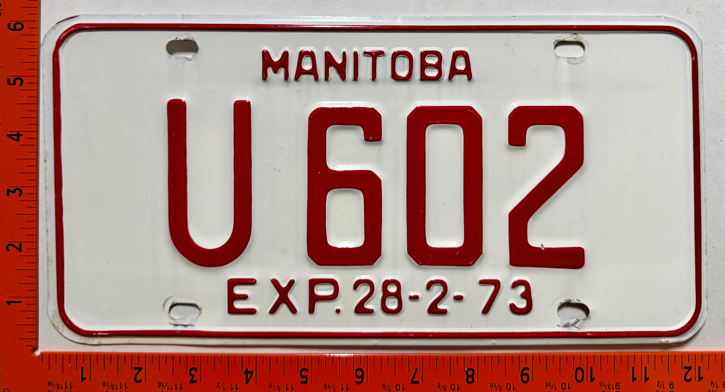 1973 Manitoba #U 602 Rental Car License Plate