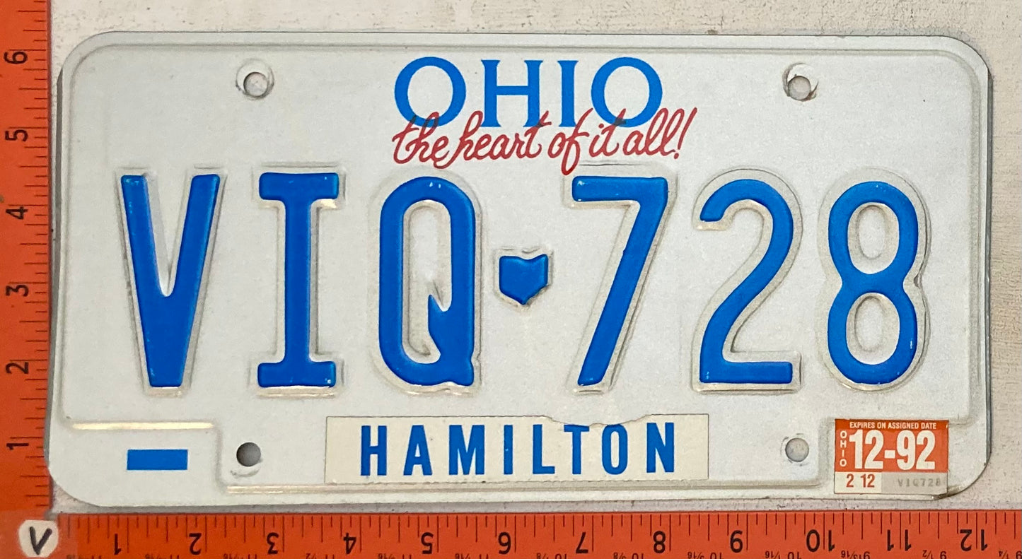 1992 Ohio #VIQ-728 Passenger License Plate