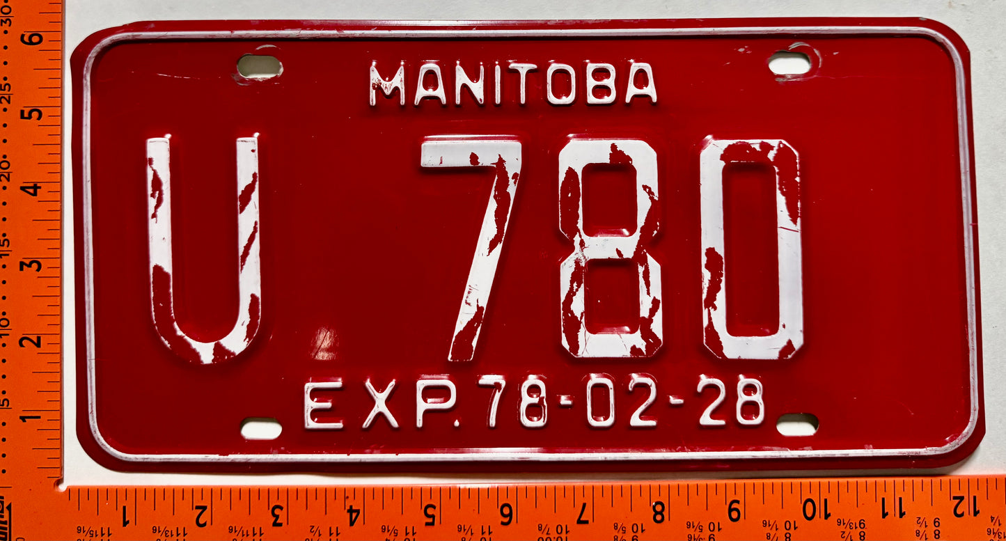 1978 Manitoba #U 780 Rental Car License Plate