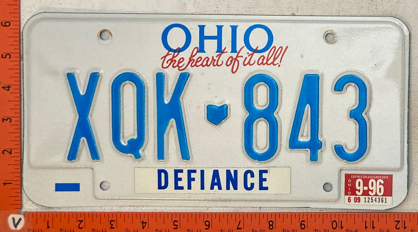 1996 Ohio #XQX-843 Passenger License Plate