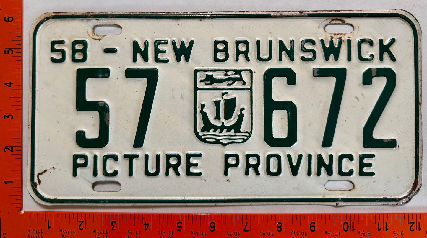 1958 New Brunswick #57 672 Passenger License Plate