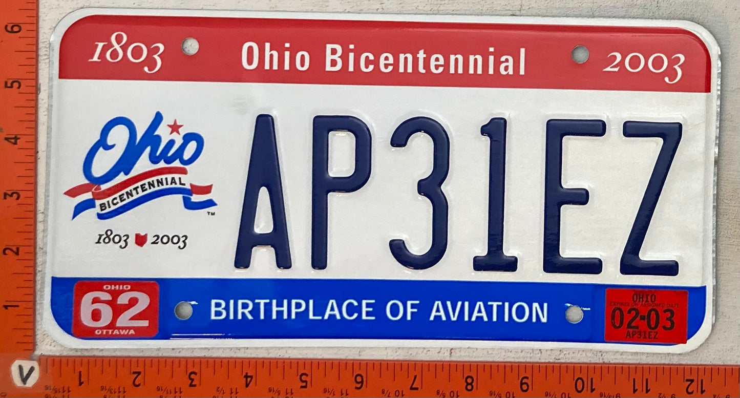 2003 Ohio #AP31EZ Passenger License Plate