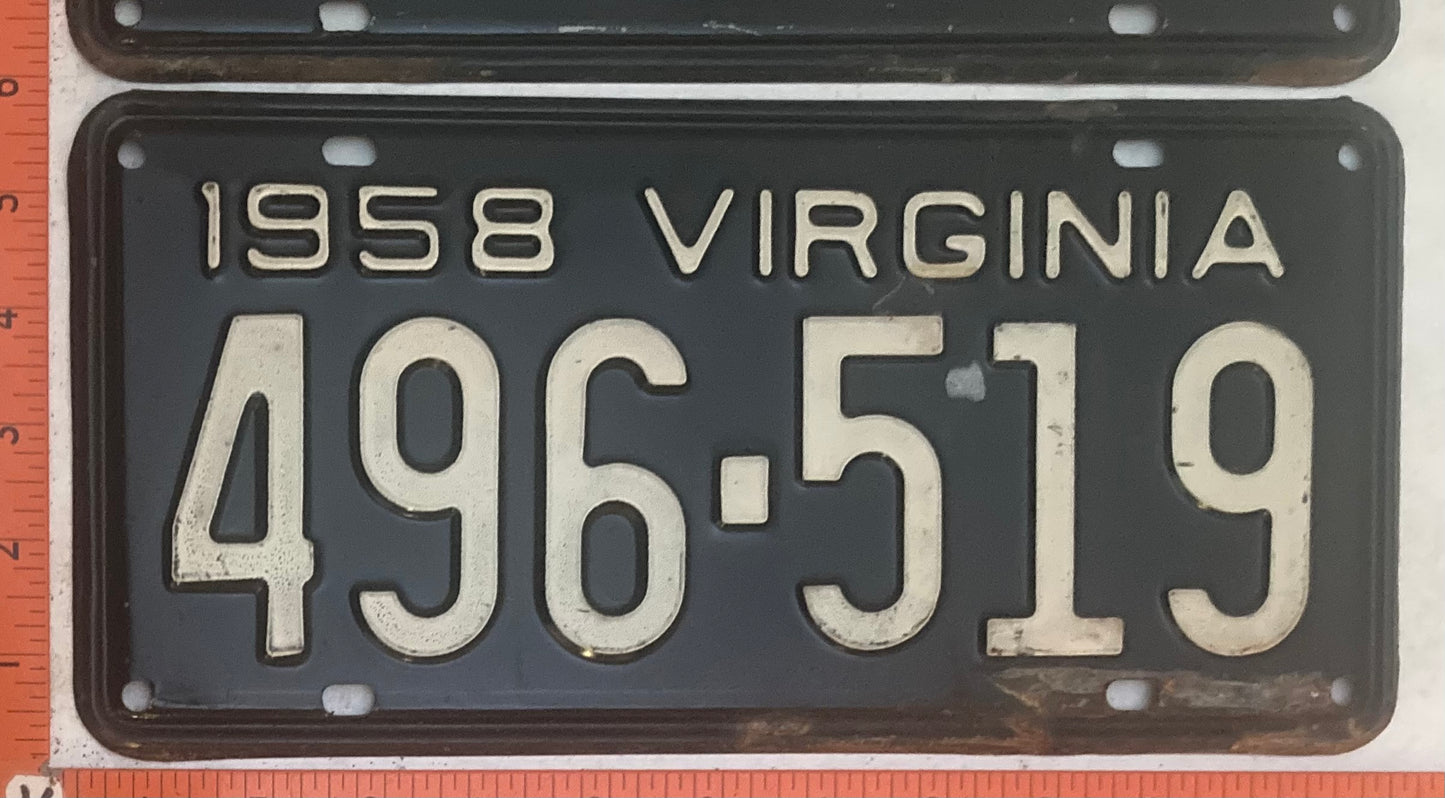 1958 Virginia #496-519 Passenger License Plate (Pair)