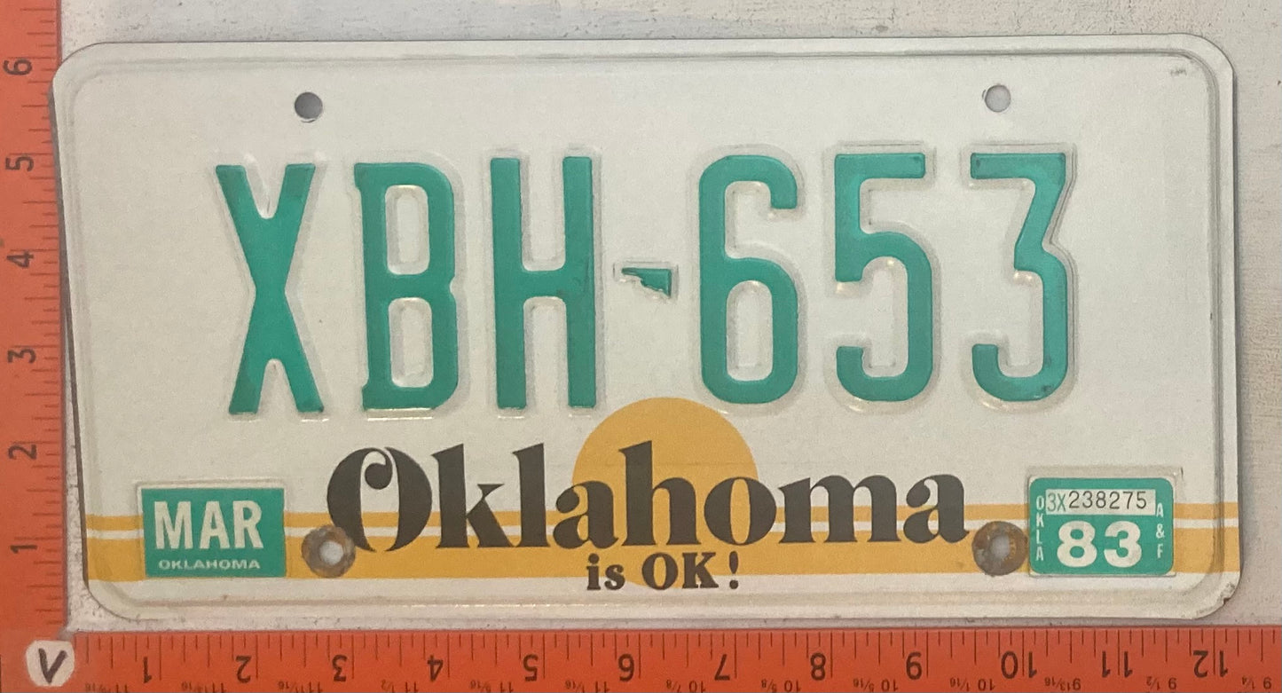 1983 Oklahoma #XBH-653 Passenger License Plate