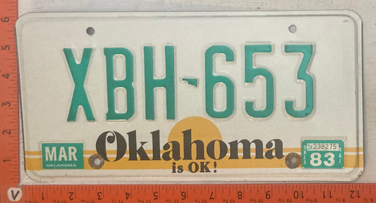 1983 Oklahoma #XBH-653 Passenger License Plate