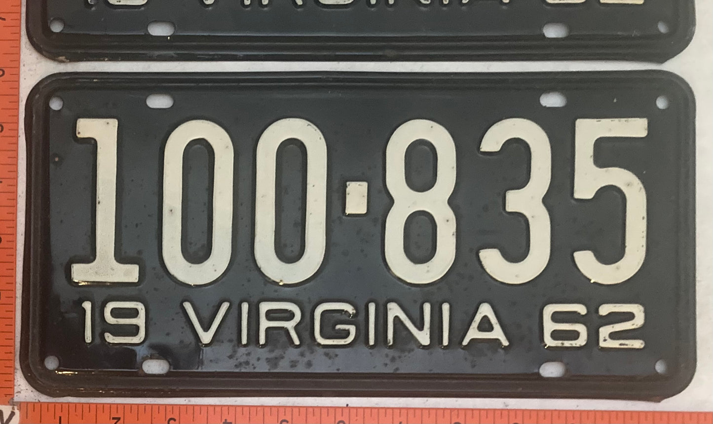 1962 Virginia #100-835 Passenger License Plate (Pair)