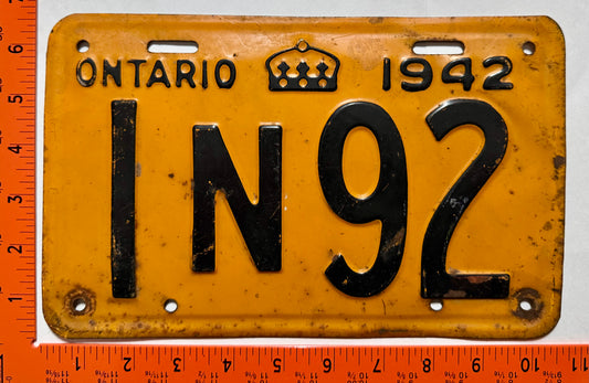 1942 Ontario #1N92 Passenger License Plate