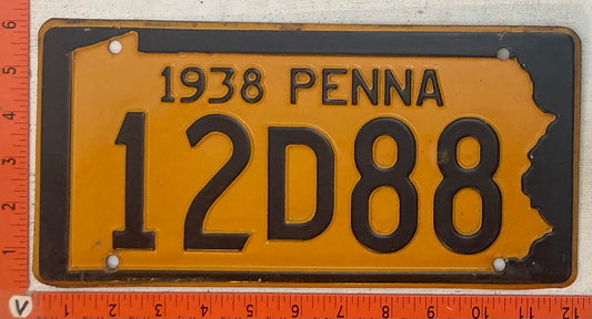 1938 Pennsylvania #12D88 Passenger License Plate