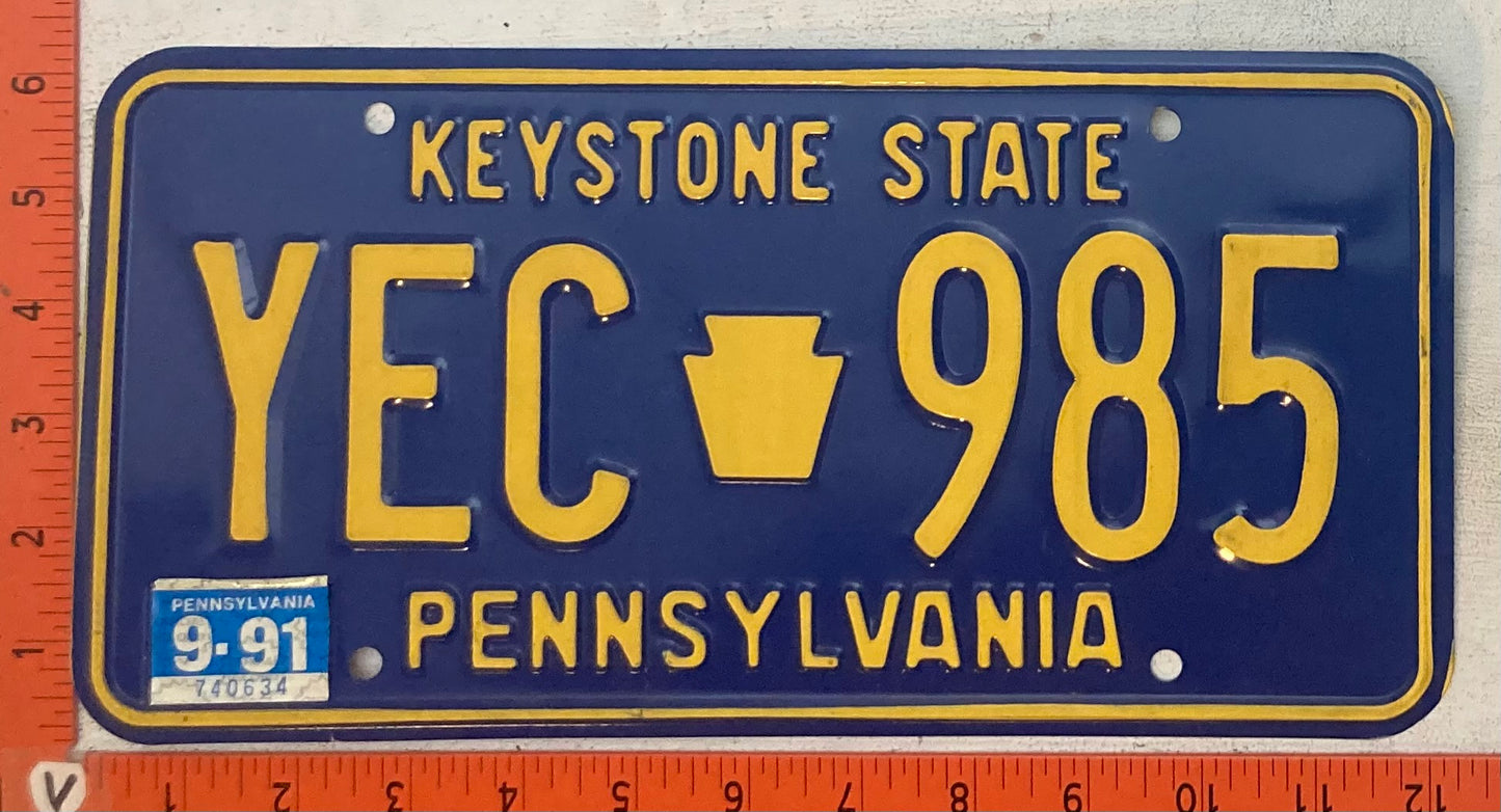 1991 Pennsylvania #YEC 985 Passenger License Plate
