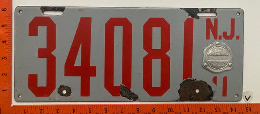 1911 New Jersey #34081 Passenger License Plate (Porcelain)