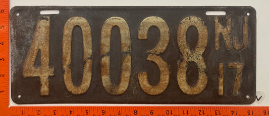 1917 New Jersey #40038 Passenger License Plate