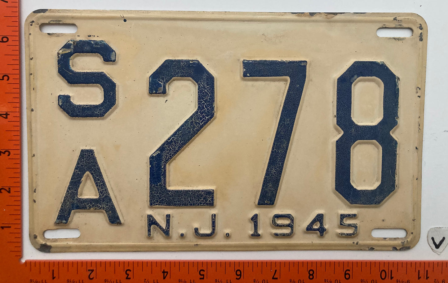 1945 New Jersey #S/A 278 Passenger License Plate