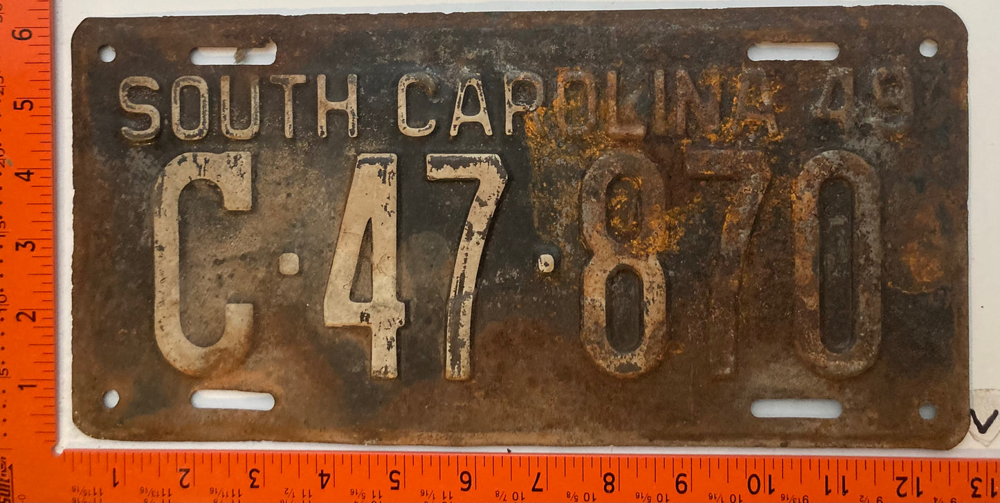 1949 South Carolina #C-47-870 Passenger License Plate