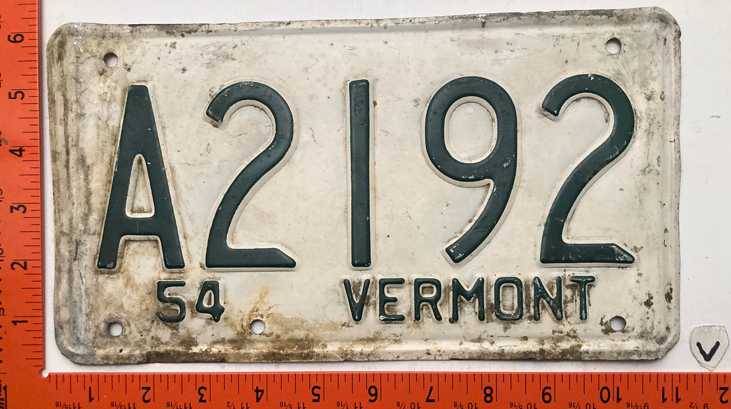 1954 Vermont #A2192 Passenger License Plate