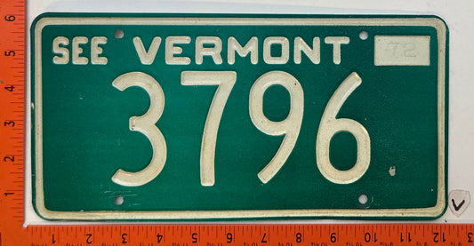 1972 Vermont #3796 Passenger License Plate