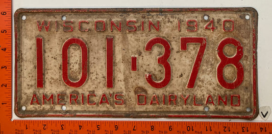 1940 Wisconsin #101 378 Passenger License Plate